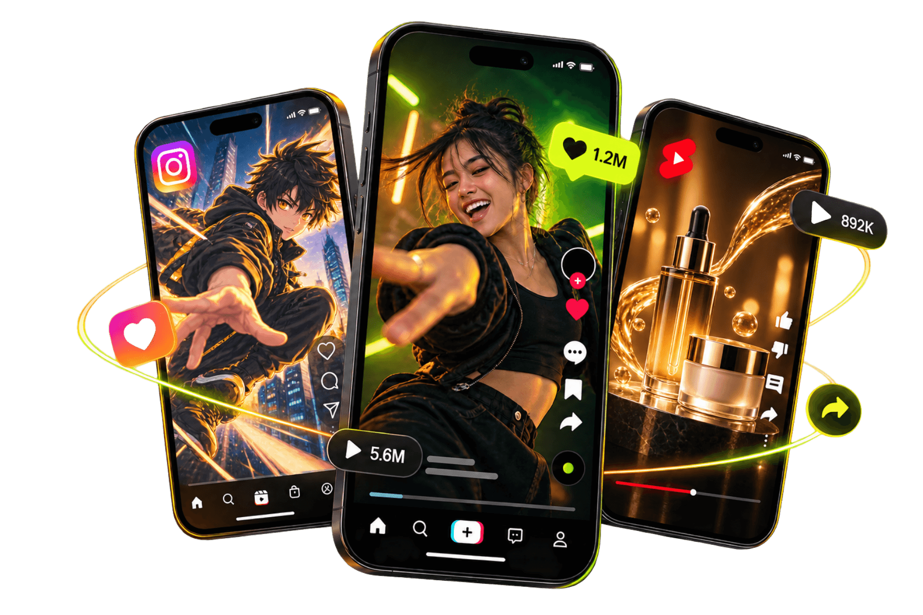 SNS動画制作の実績イメージ（Instagramリール・TikTok・YouTubeショート）